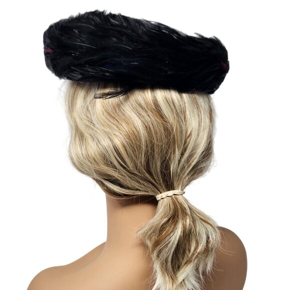 Vintage 1950s Black Feather Womens Pillbox Hat Red & Blue Accents Kentucky Derby - Picture 4 of 6